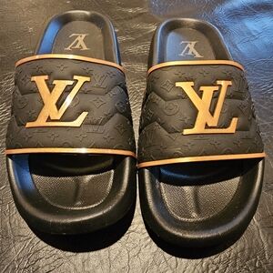 Louis Vuitton Black Slides with Brown Logo